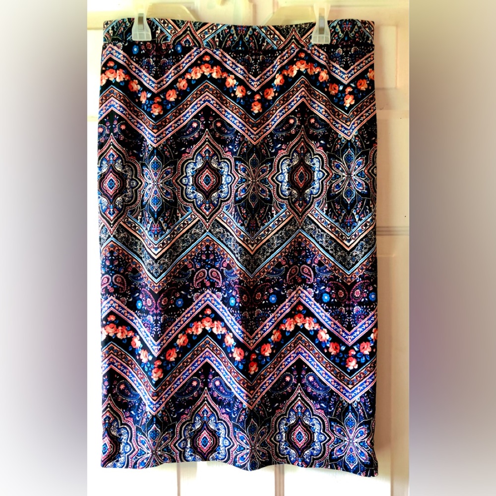 French Laundry Navy Blue Coral Orange White Boho Pattern Stretch Knit Skirt 1X